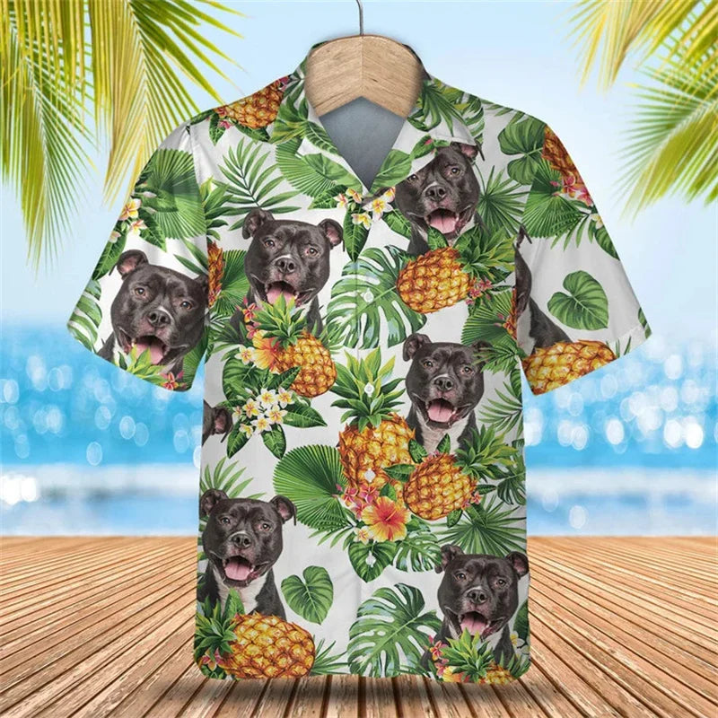 Dogs Face with Tropical Flower, Tree, and Leaf Printed Hawaiian Shirt