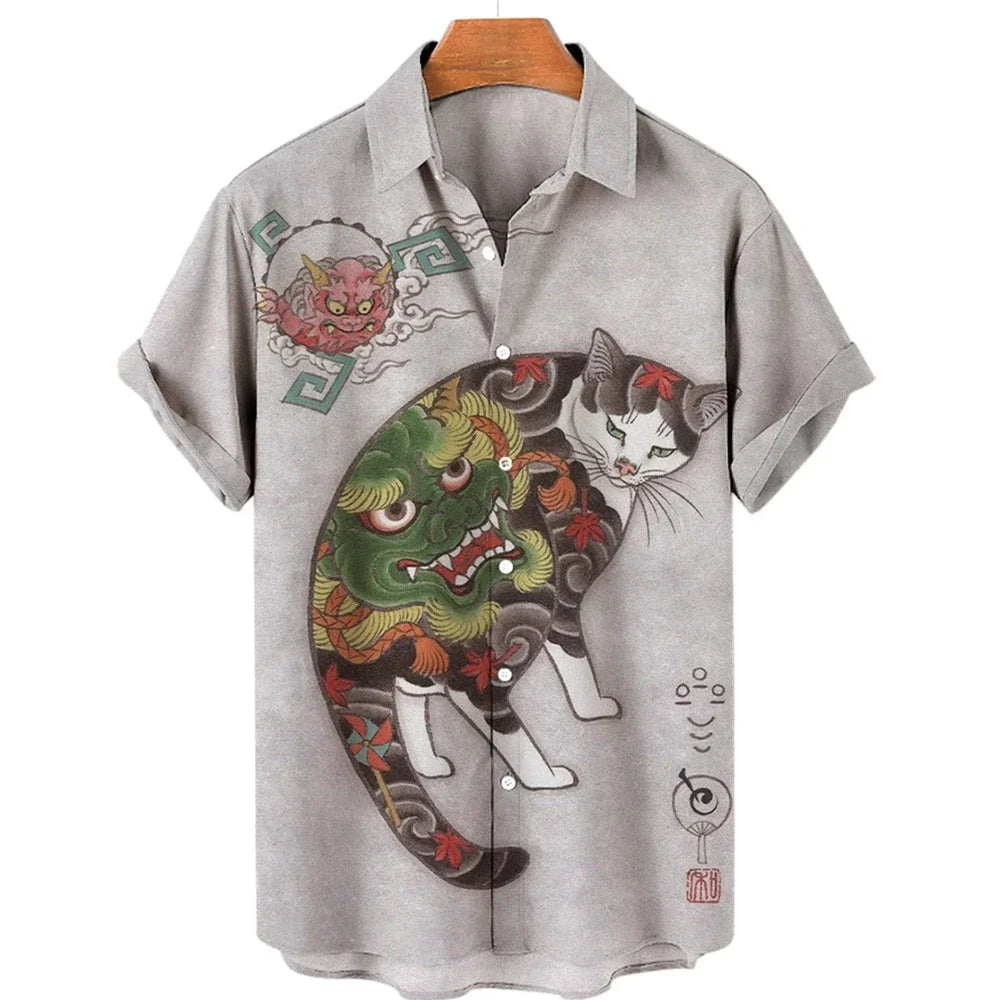 Unisex Vintage Cat printed Japanese Samurai Hawaiian 3D shirt