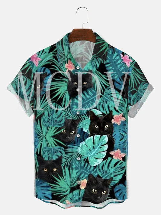 Tropical Plants Leaf And Black Cat 3D Printed Hawaiian Shirt