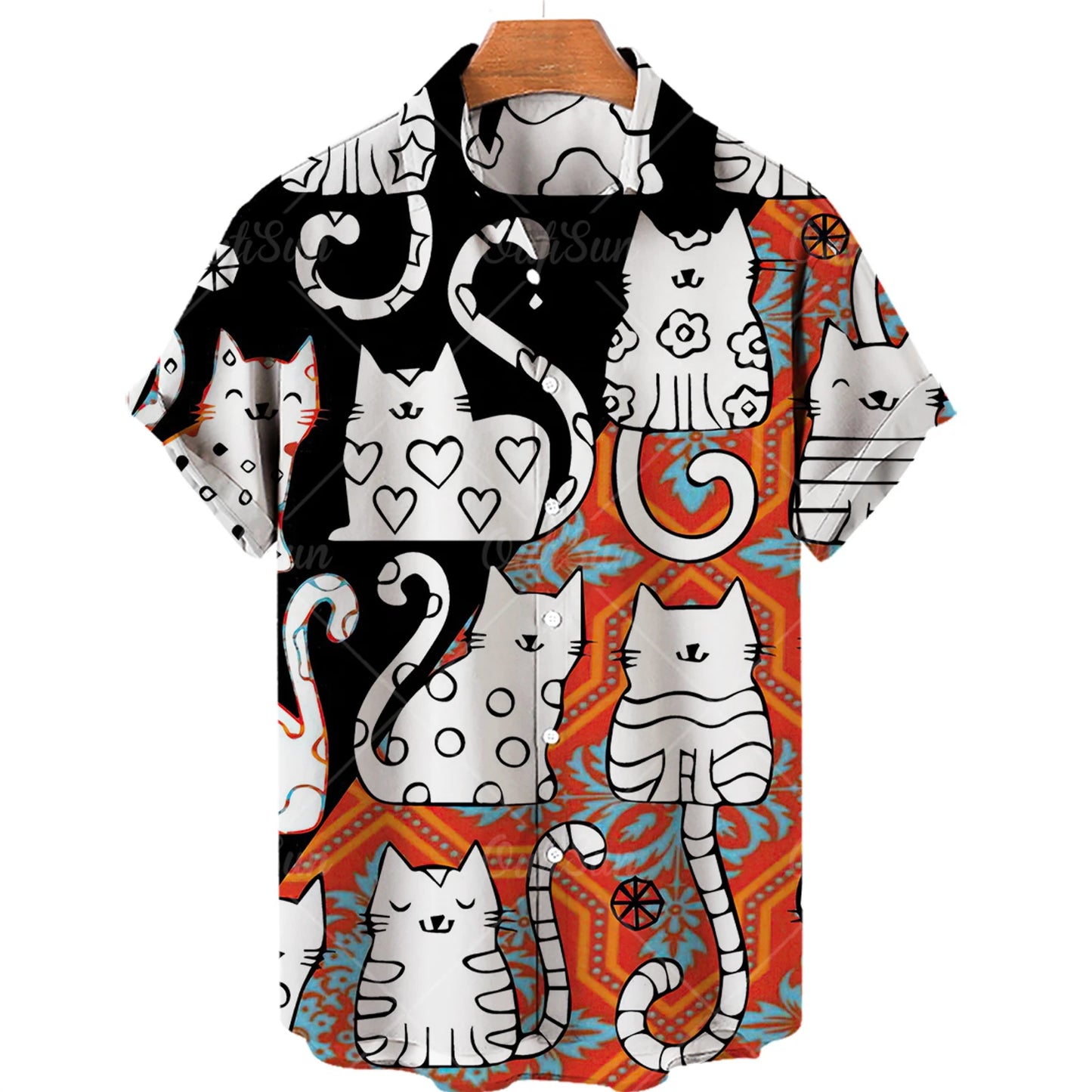 Vintage Harajuku Style Cat's and Dog's Face printed Beach Shirt