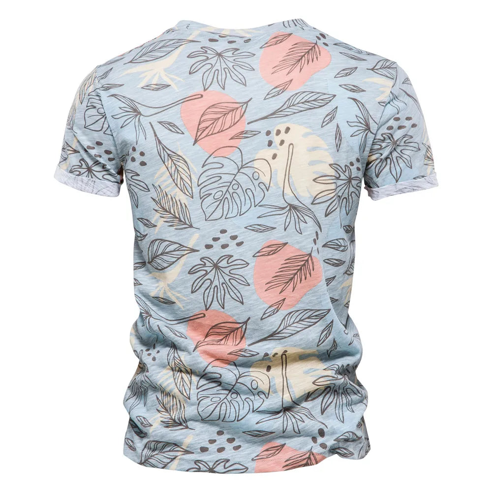 Unisex O-collar Beach Style Hawaiian Leaves Printed T-shirt