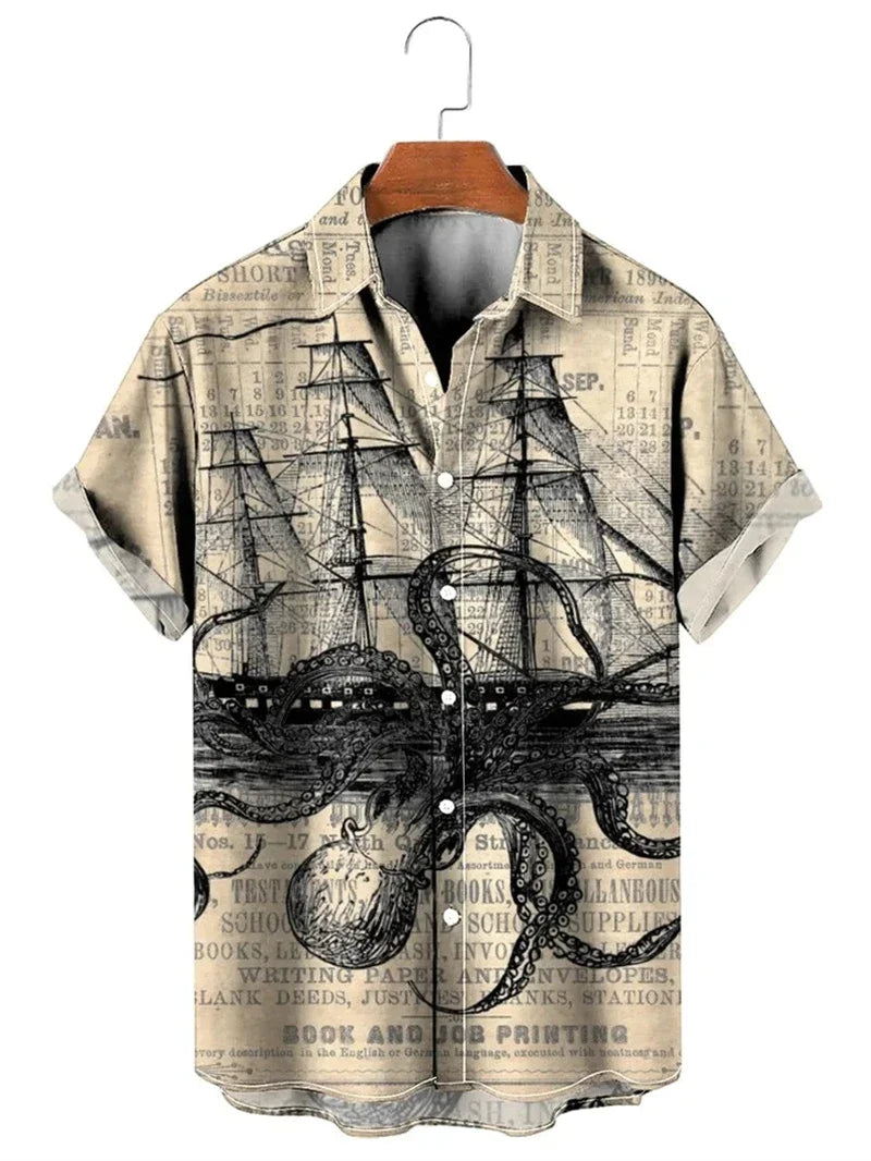 Vintage Giant Octopus Destroying Big Ship Printed Hawaiian Style Beach Shirt