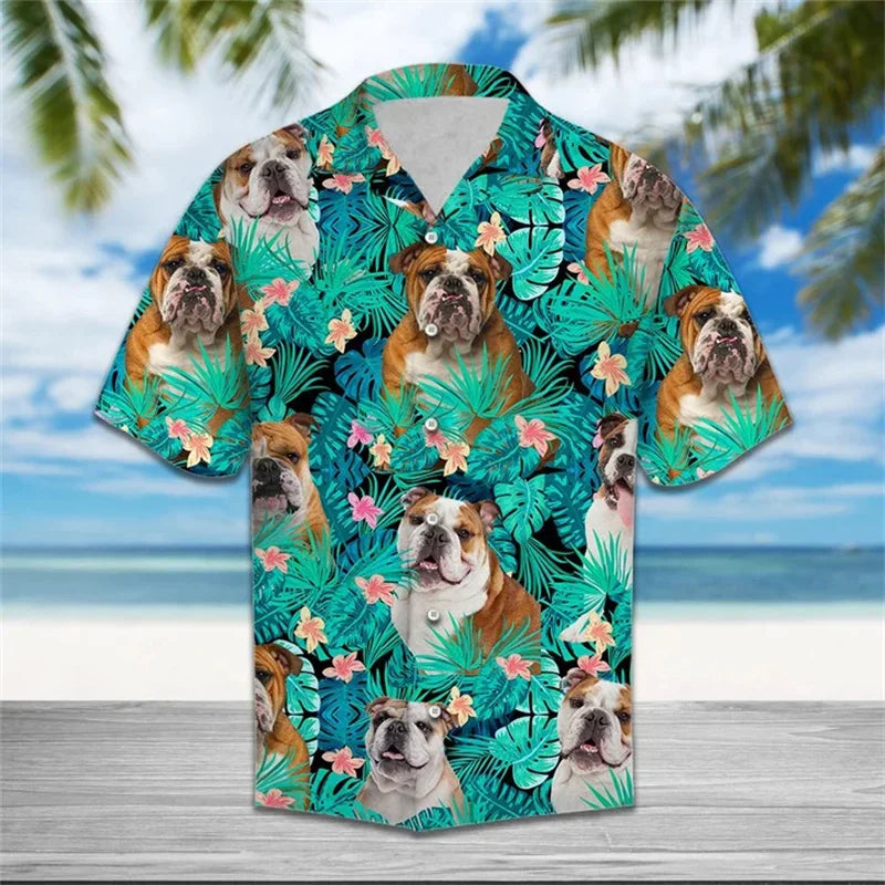 Dog Face and Coconut Leaf Pattern Beach style Hawaiian Shirt