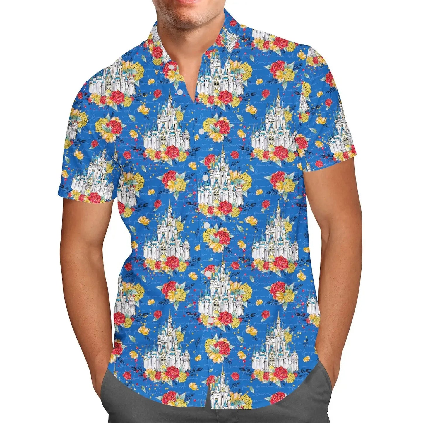 Valentine Disney Castle Printed Short Sleeve Hawaiian Beach Shirt