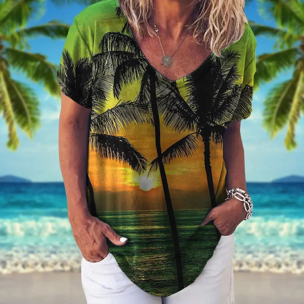 Women's Palm & Coconut Trees Designed V-Neck Hawaiian T-shirt