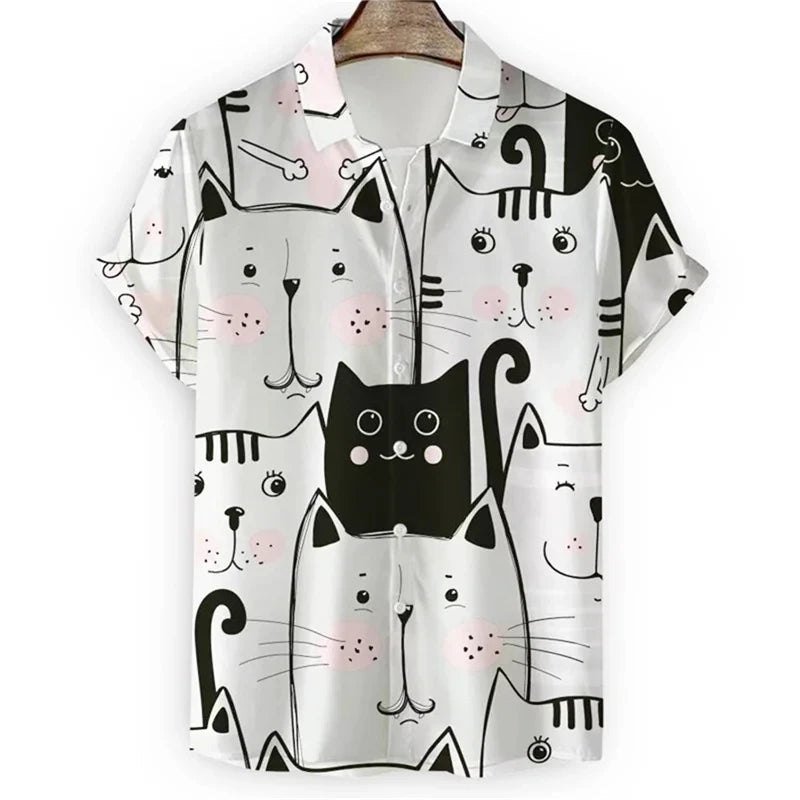 3d Cartoon Printed Cute Cat Face Short Sleeve Hawaiian Shirt