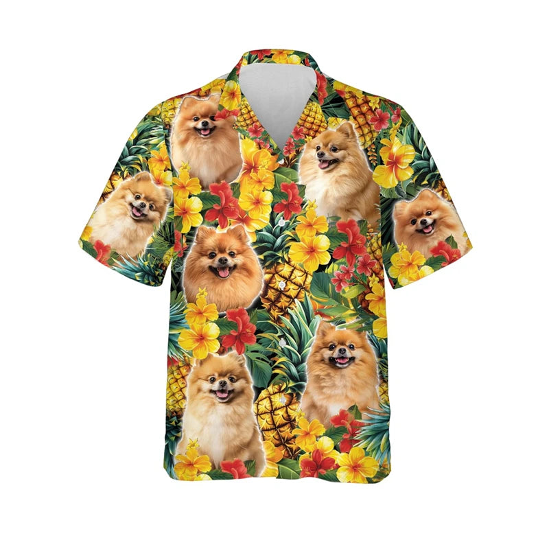 Funny Dog Face with Pineapple Printed Button-Up Hawaiian Shirt