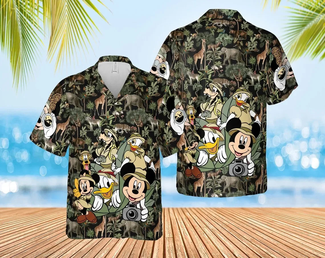 Disney Mickey Mouse, Donald Duck, and Minnie Mouse Blue Themes Hawaiian Shirt