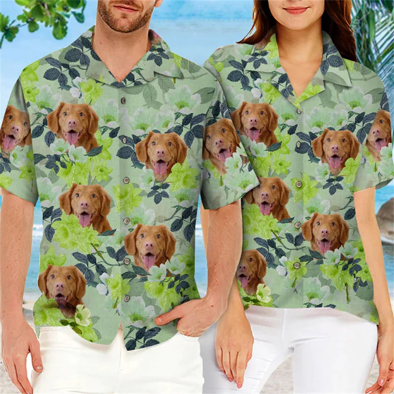 Christmas Floral and Leaf Pattern Funny Dog Face Unisex Hawaiian Shirt