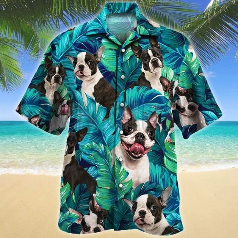 Men's Dog Face and Colorful Floral Pattern Hawaiian Shirt