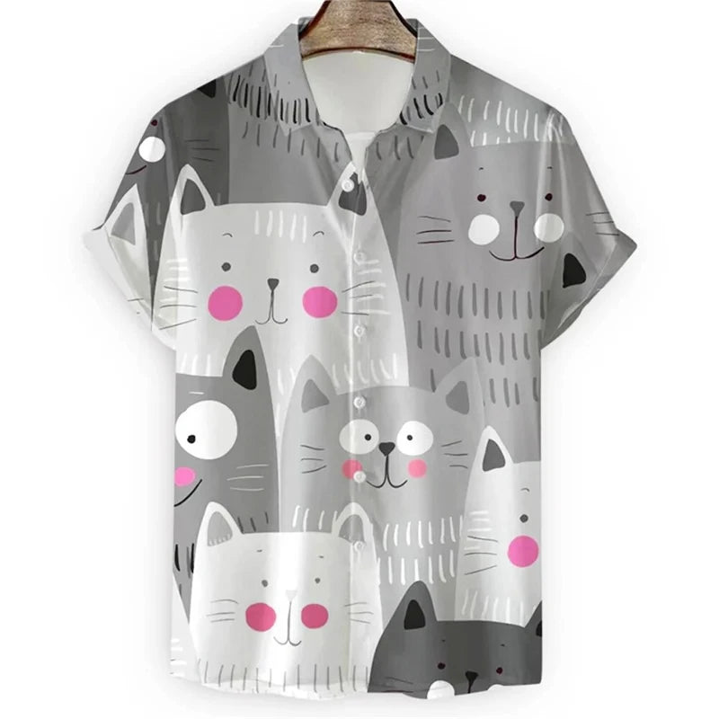 3d Cartoon Printed Cute Cat Face Short Sleeve Hawaiian Shirt