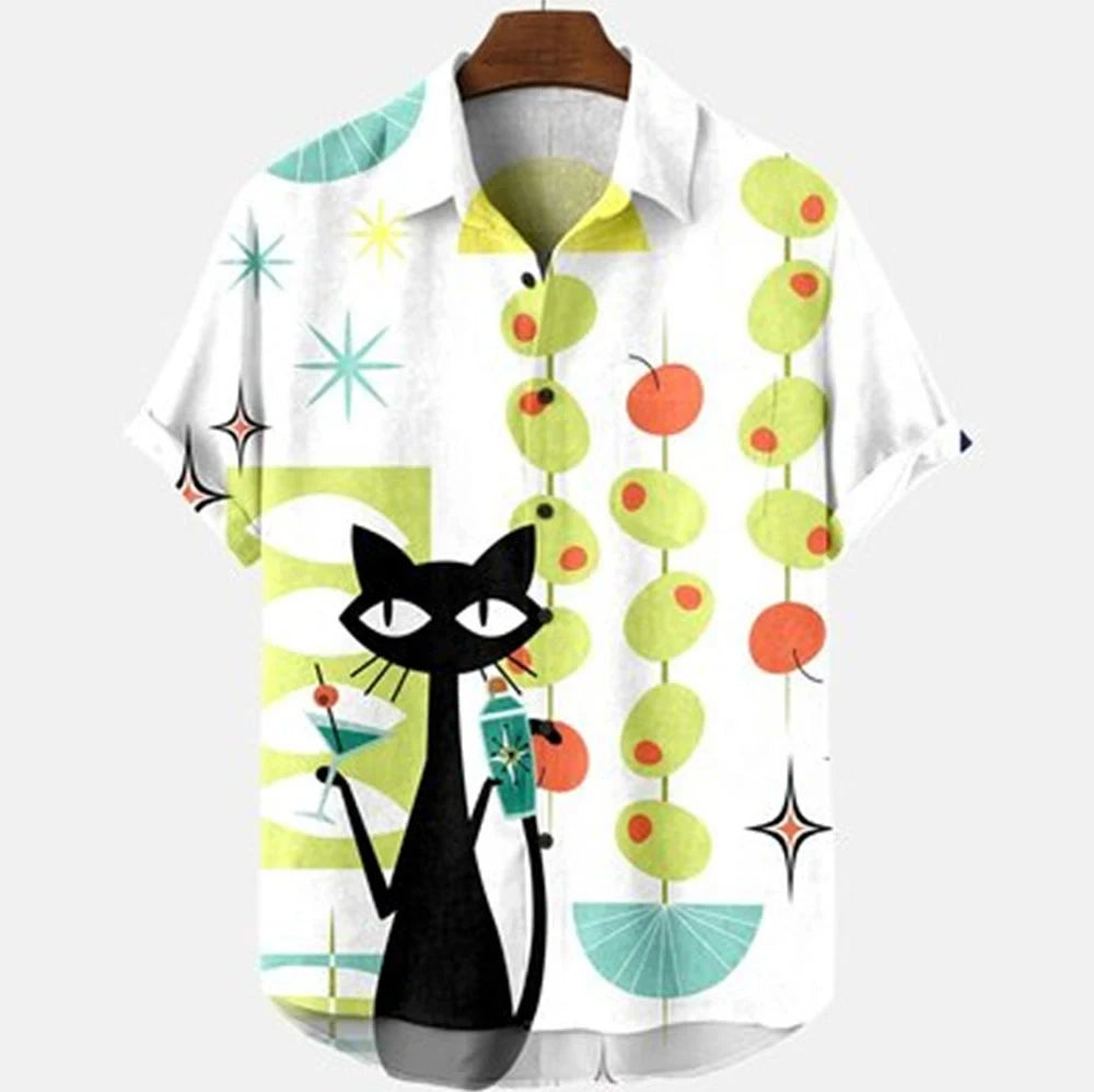 Cartoon Cat Family Animal Printed Short Sleeve Hawaiian Shirt