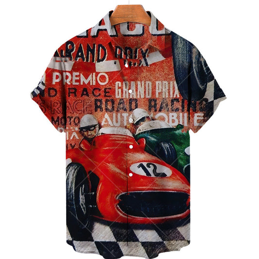 Men's Vintage Racing Print Hawaiian Short Sleeve Shirt