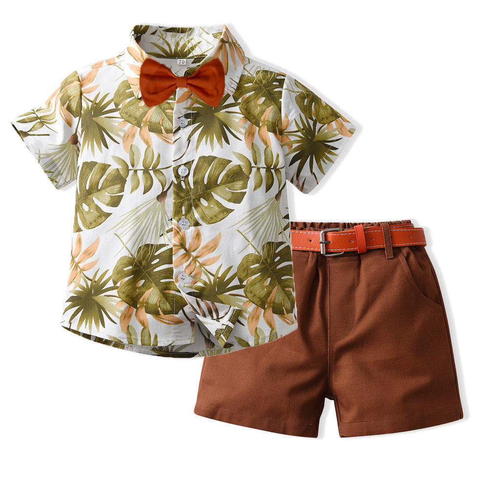 Boy's Flower Designed Summer Beach Type Hawaiian Shirt Set