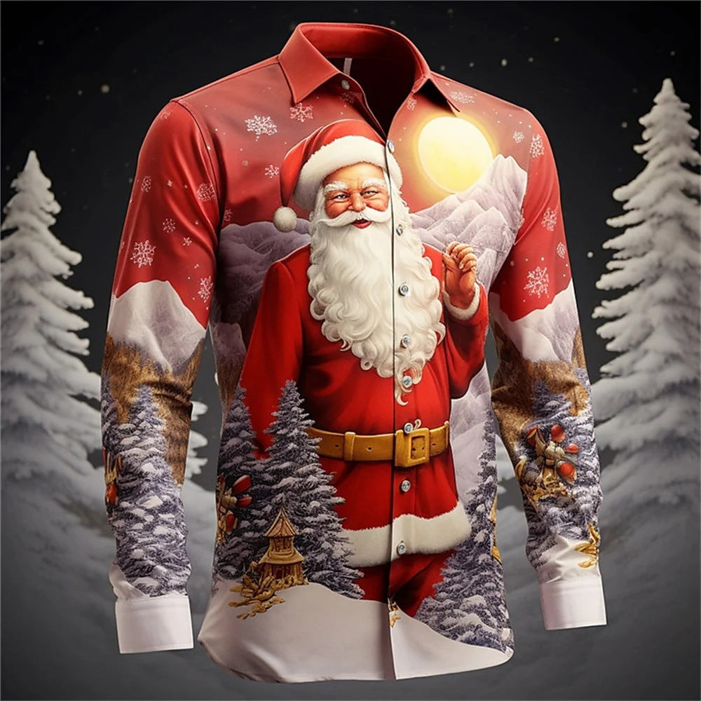 Warm Weather Christmas Party (3D!): Men's 3D Printed Santa Claus Hawaiian Shirt (Long Sleeves). Stay warm and festive with a Santa Claus design in 3D print on this long-sleeve Hawaiian shirt, perfect for a warm-weather Christmas party.