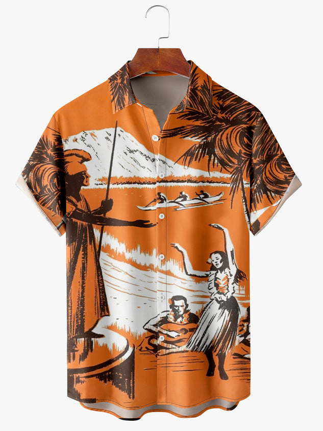 Printed Hawaiian Shirt Men's Holiday Seaside Cat Pattern