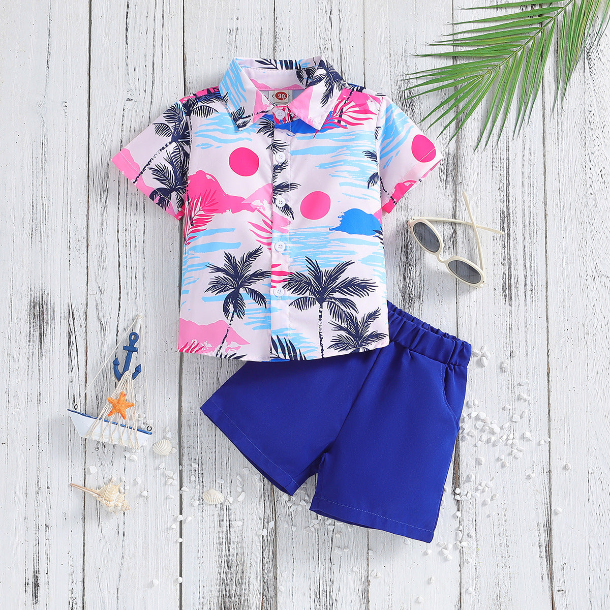 Boys' Summer Short-Sleeved Tropical Vibed Hawaiian Shirts with Shorts