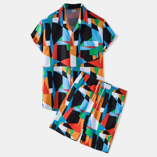 Men's Casual Two-piece Hawaiian Print Short-sleeved Shirt Shorts Suit