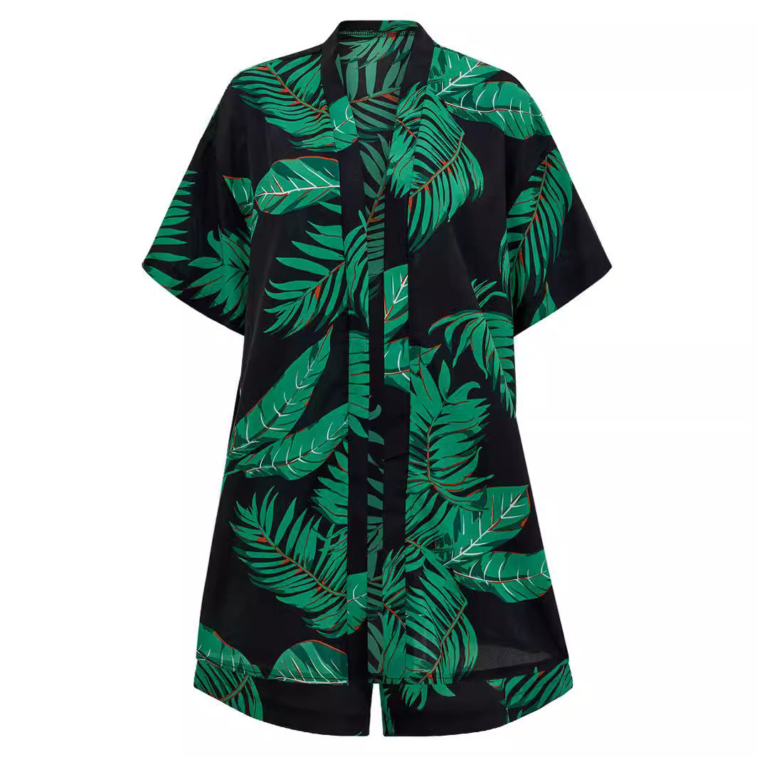 Women's Tropical Leaf Printed Short Sleeve Hawaiian Shirt with Shorts