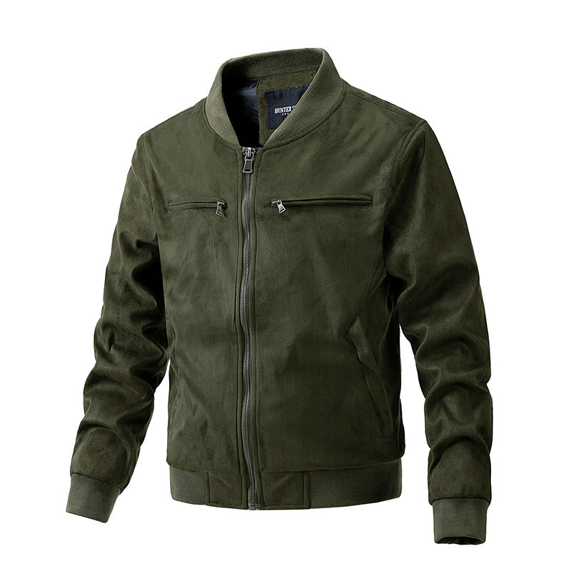 Olive color suede stand collar men's double zipper denim jacket