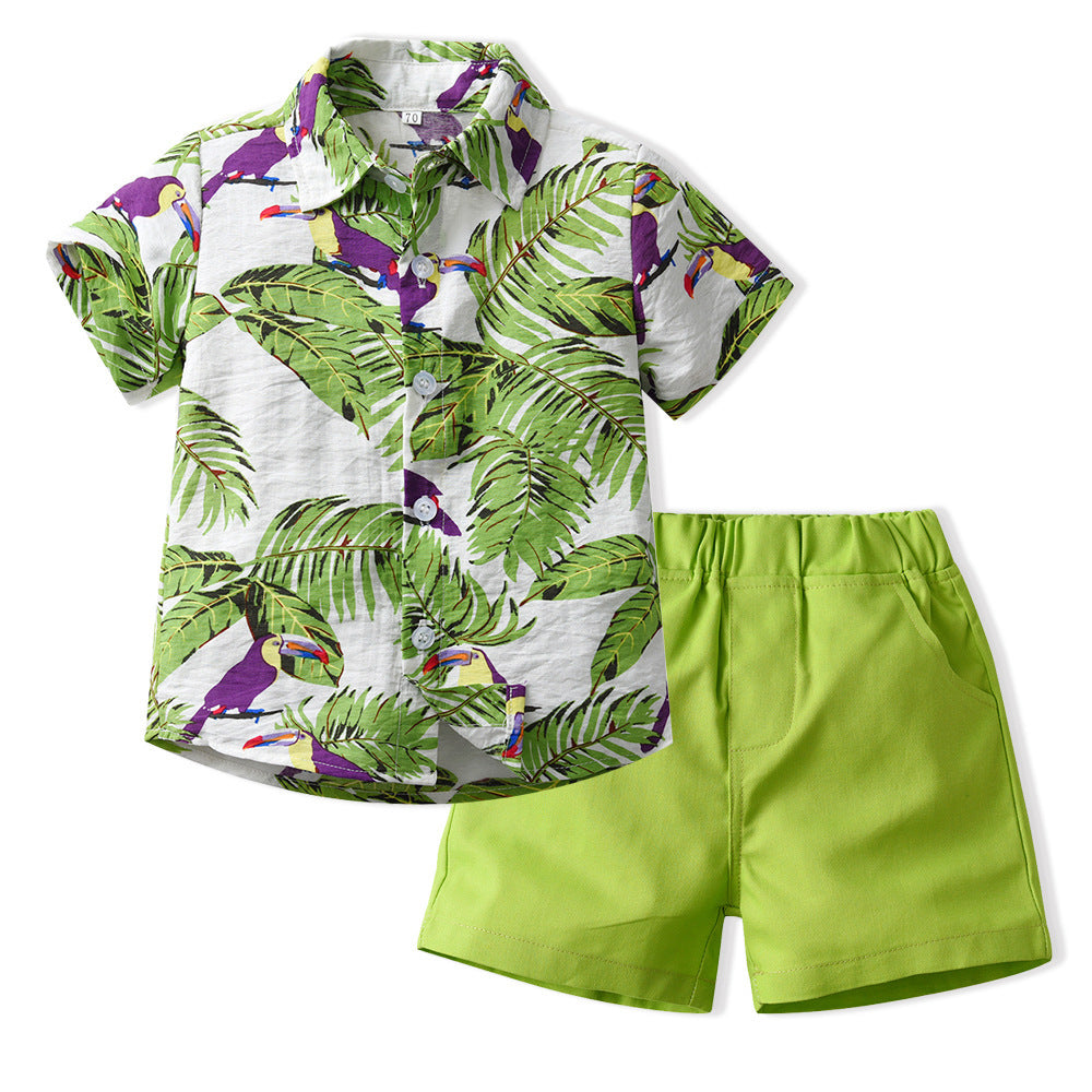 Boy's Flower Designed Summer Beach Type Hawaiian Shirt Set