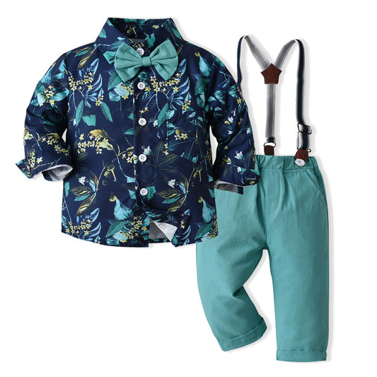  Long-sleeve floral shirt with suspenders, for a stylish fall look