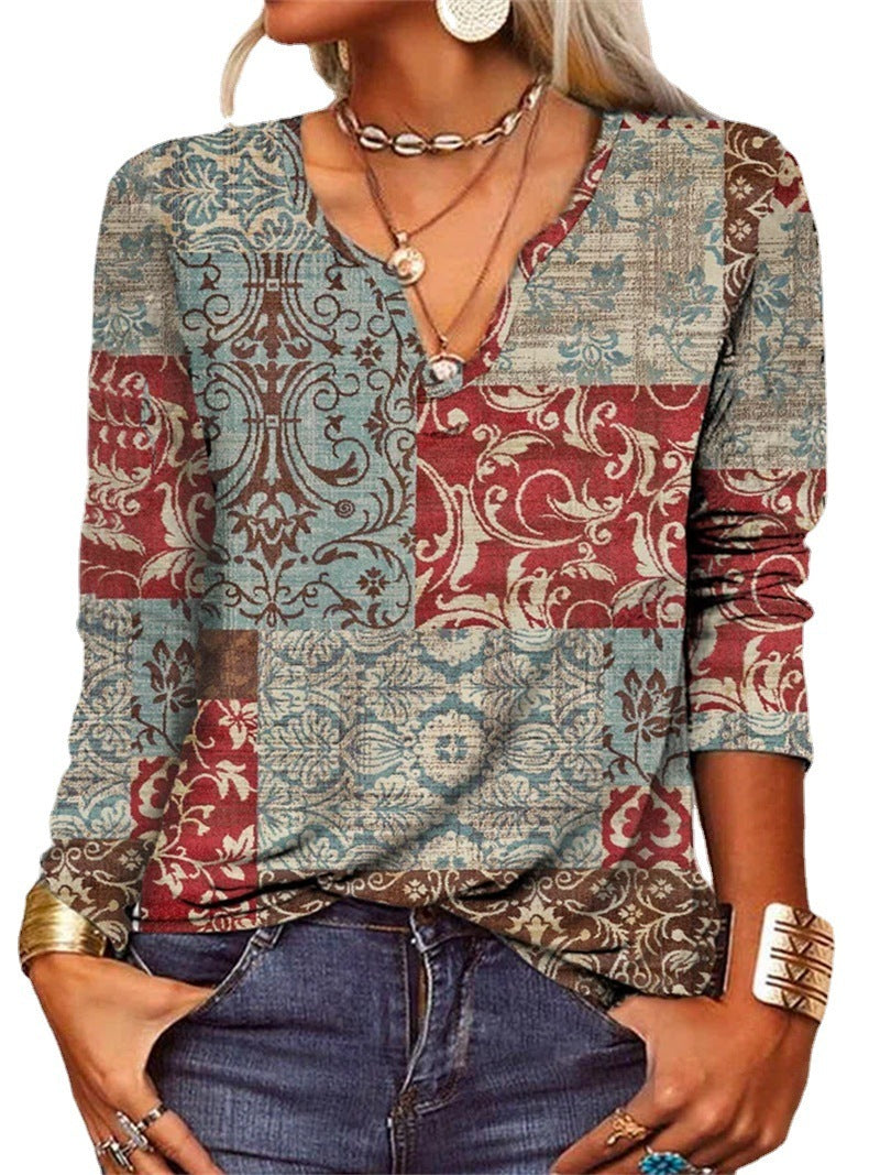 Loose Fit Long Sleeve Floral V-neck Hawaiian Style T-shirt
