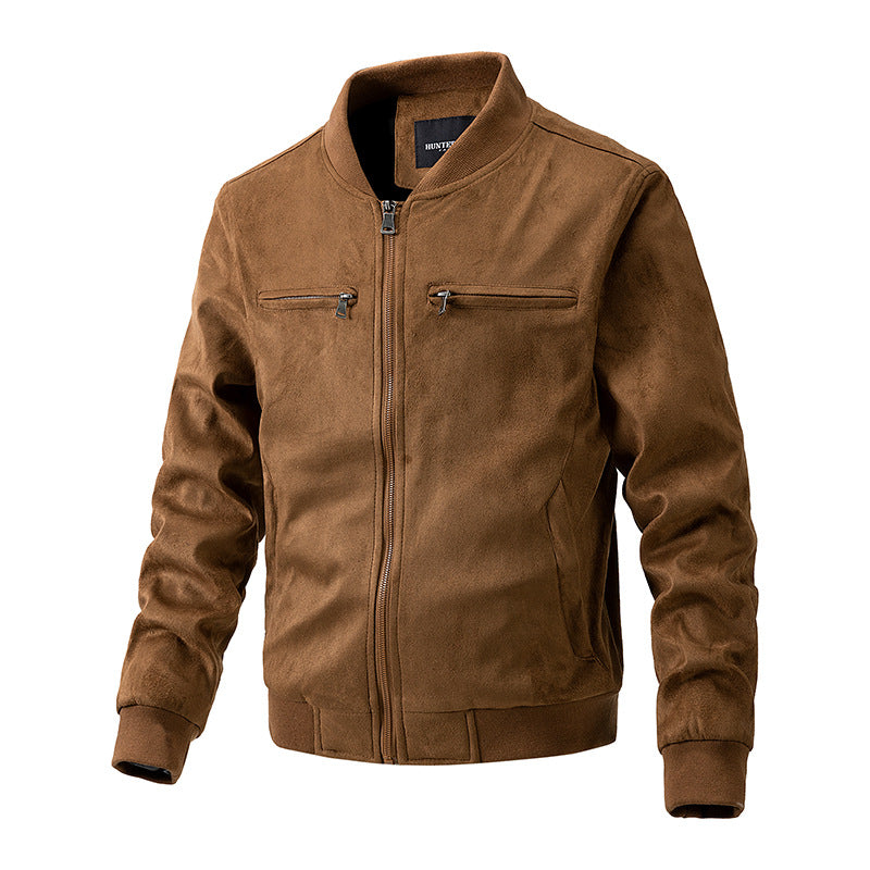 Brown color men's double zipper denim jacket with suede stand collar