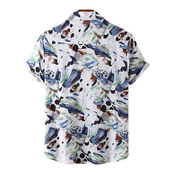 Men's shirt featuring floral design, short sleeve, and lapel collar