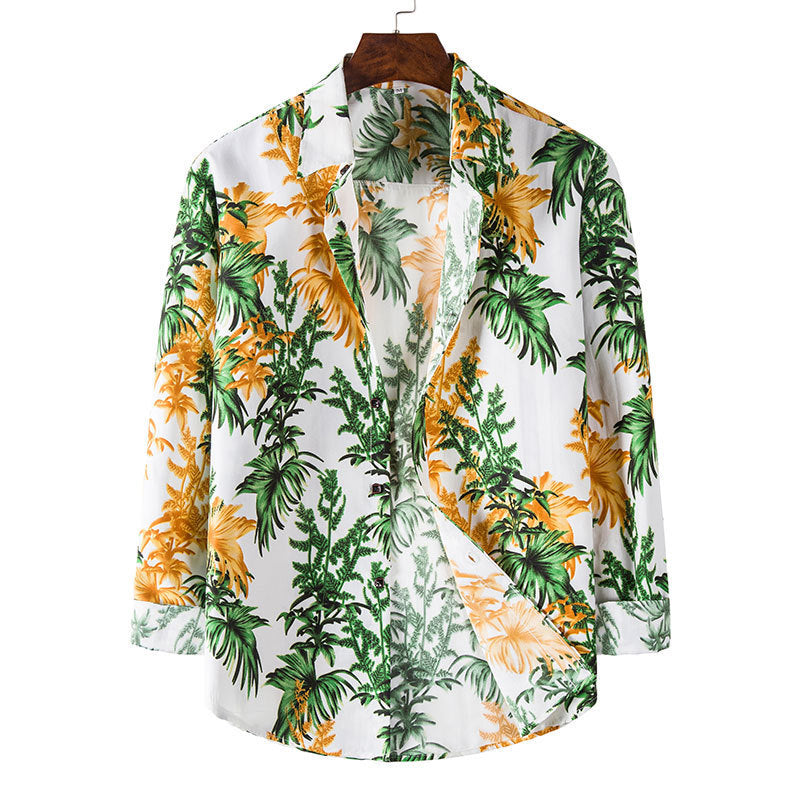 Comfortable long-sleeve Hawaiian shirt for men in a plus-size fit. Features a colorful floral pattern for a relaxed and stylish look