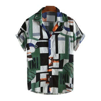 Ethnic-style holiday print casual shirt with lively colors and Hawaiian vibes.