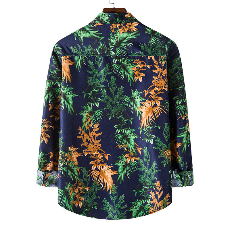 Men's Plus Size Long-Sleeve Hawaiian Shirt with Floral Print