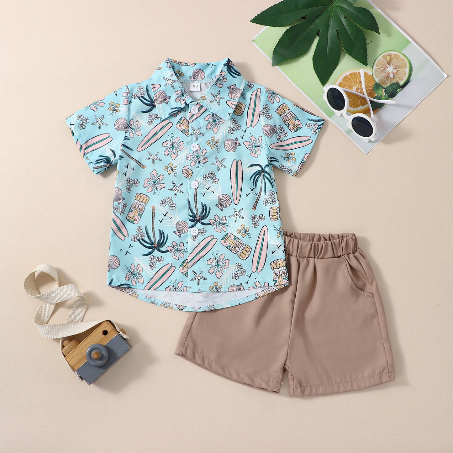 Tropical Trees Designed Short-Sleeve Hawaiian Shirt & Pant Set For Boy's