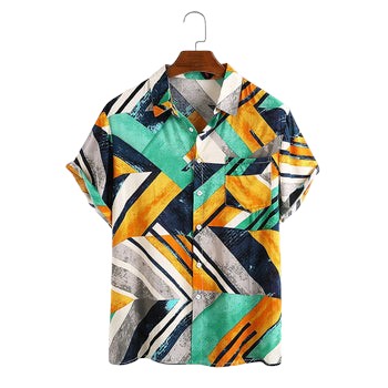 Short sleeve shirt with Hawaiian flair and geometric color blocks