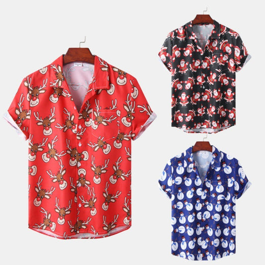 Cool Comfort & Festive Cheer: Men's Ice Silk Christmas Hawaiian Shirt (Santa Print). Celebrate the holidays in cool comfort with this digitally printed Santa design on a lightweight ice silk Hawaiian shirt.