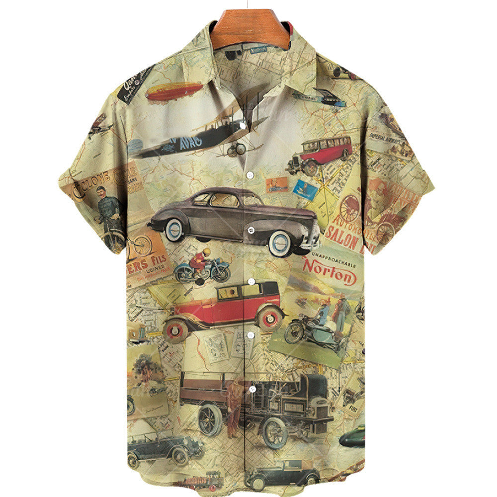 Vintage Racing Print Hawaiian Short Sleeve Shirt
