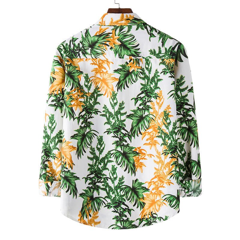 Plus-size men's long-sleeve button-down shirt with a tropical floral design. Ideal for warm weather or a laid-back look.