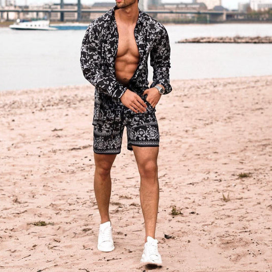 Long Sleeve Shirt Shorts Beach Casual Suit