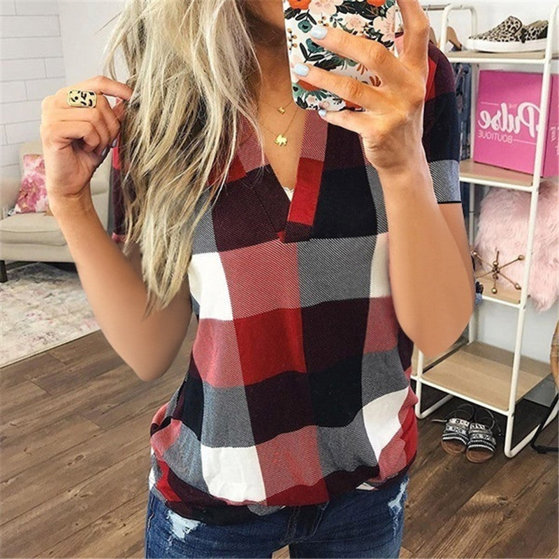 Beachy chic with a twist: Plaid v-neck shirt adds effortless style to your beach days