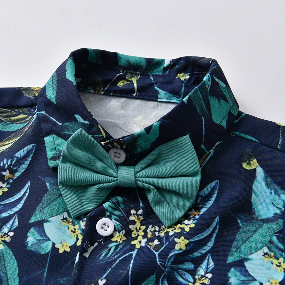 Boy's Flower Printed Long Sleeve Hawaiian Shirt with Suspenders