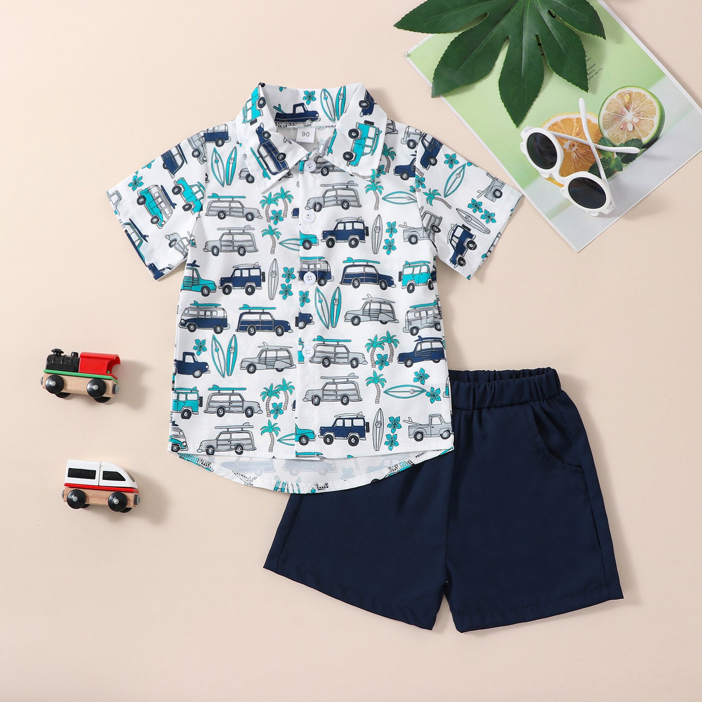Tropical Trees Designed Short-Sleeve Hawaiian Shirt & Pant Set For Boy's