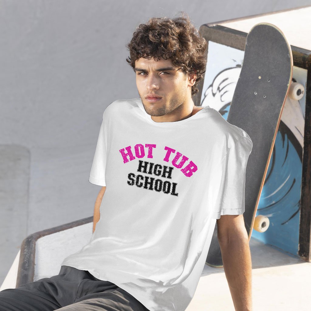 A young American wears a Hot Tub High School T-Shirt