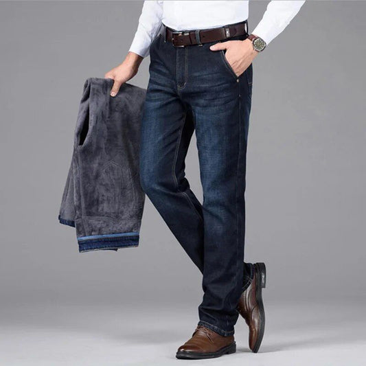 Winter Warm Stretch Cotton Denim Jeans - Men's Smart Casual Fleece Lined Trousers