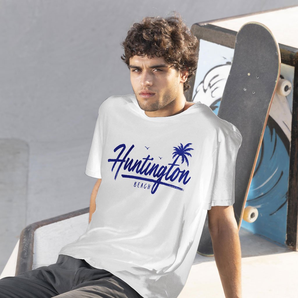 A young boy from America wears a California Huntington Beach T-shirt