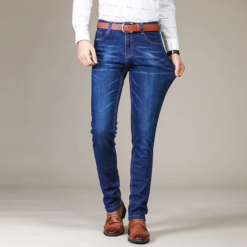 Versatile men's jeans featuring classic straight leg and stretch denim, ideal for casual to business wear