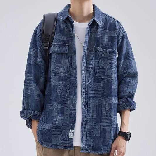 Men's Vintage Retro Checked Korean Style Cargo Denim Shirt -Loose fit autumn winter casual outerwear