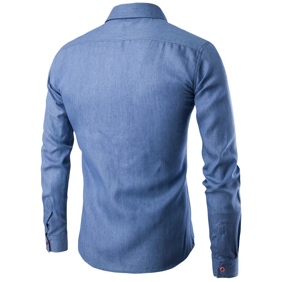 Men's solid color denim shirt featuring plaid cuffs