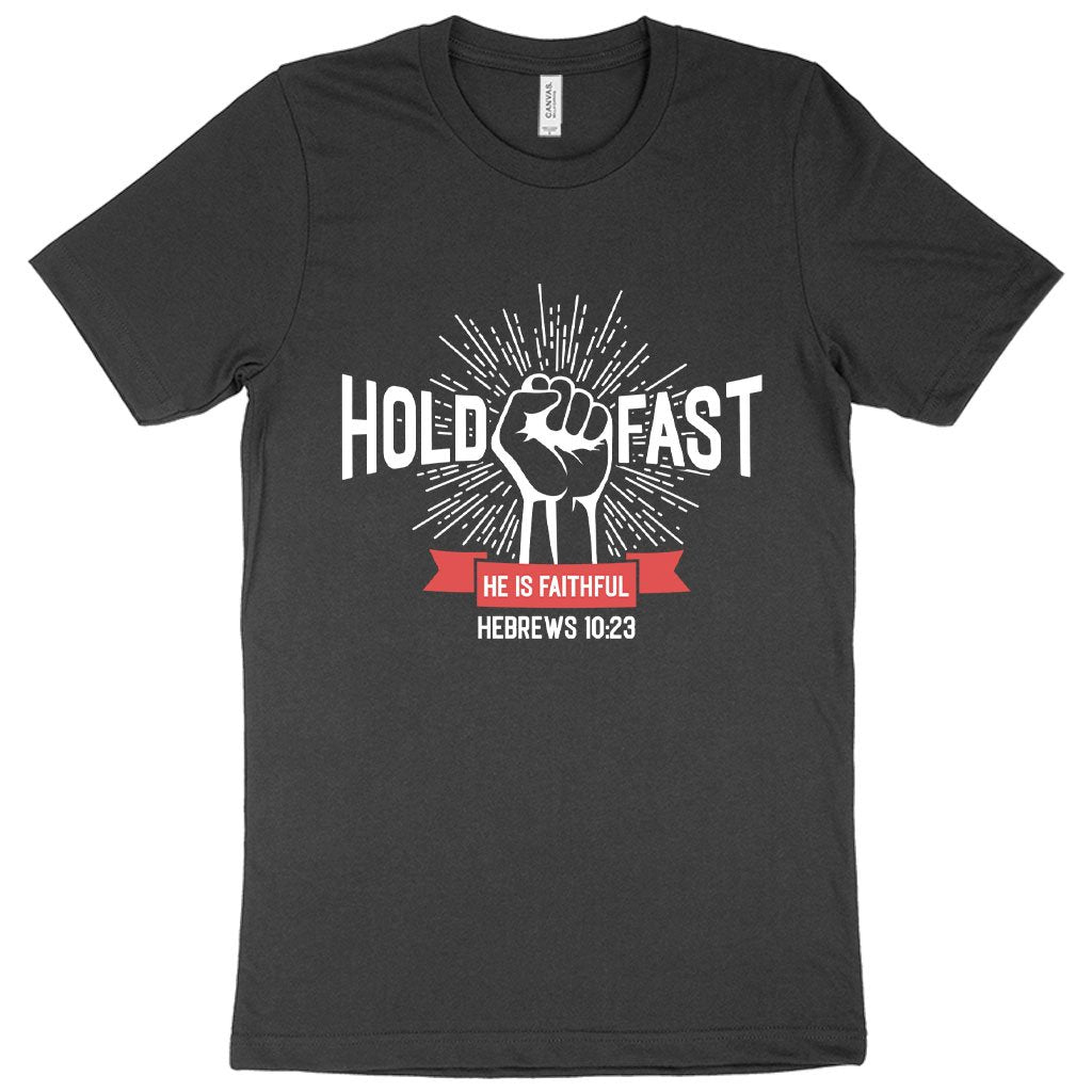 Black color HOLD FAST - Christian T-Shirt on a white background