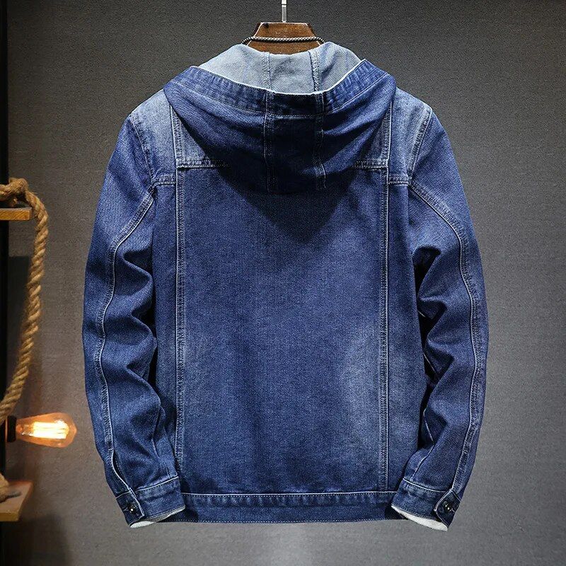 Casual style denim jacket with hood for men