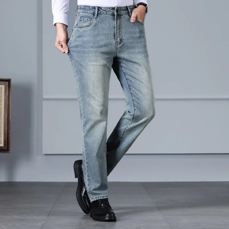 Autumn edition men's jeans with high waist and elastic cotton blend for casual comfort